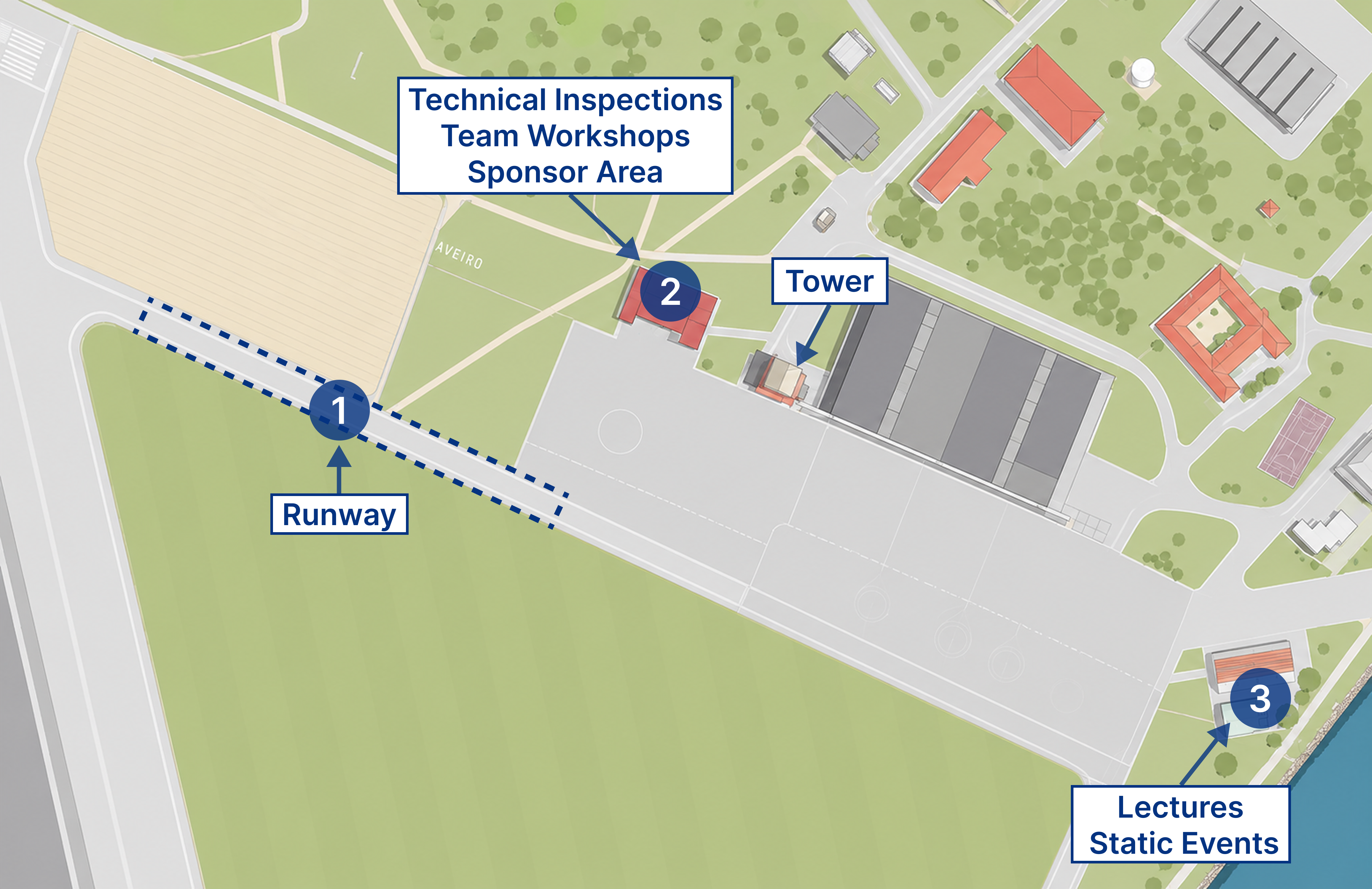 AeroCup 2026 venue map showing the runway, technical inspection and workshop area, tower, and lectures area at Regimento de Infantaria 10, Aveiro